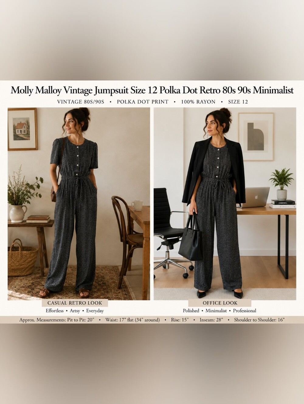 Molly Malloy Vintage Jumpsuit Size 12 Polka Dot Office Retro 80s 90s Minimalist
